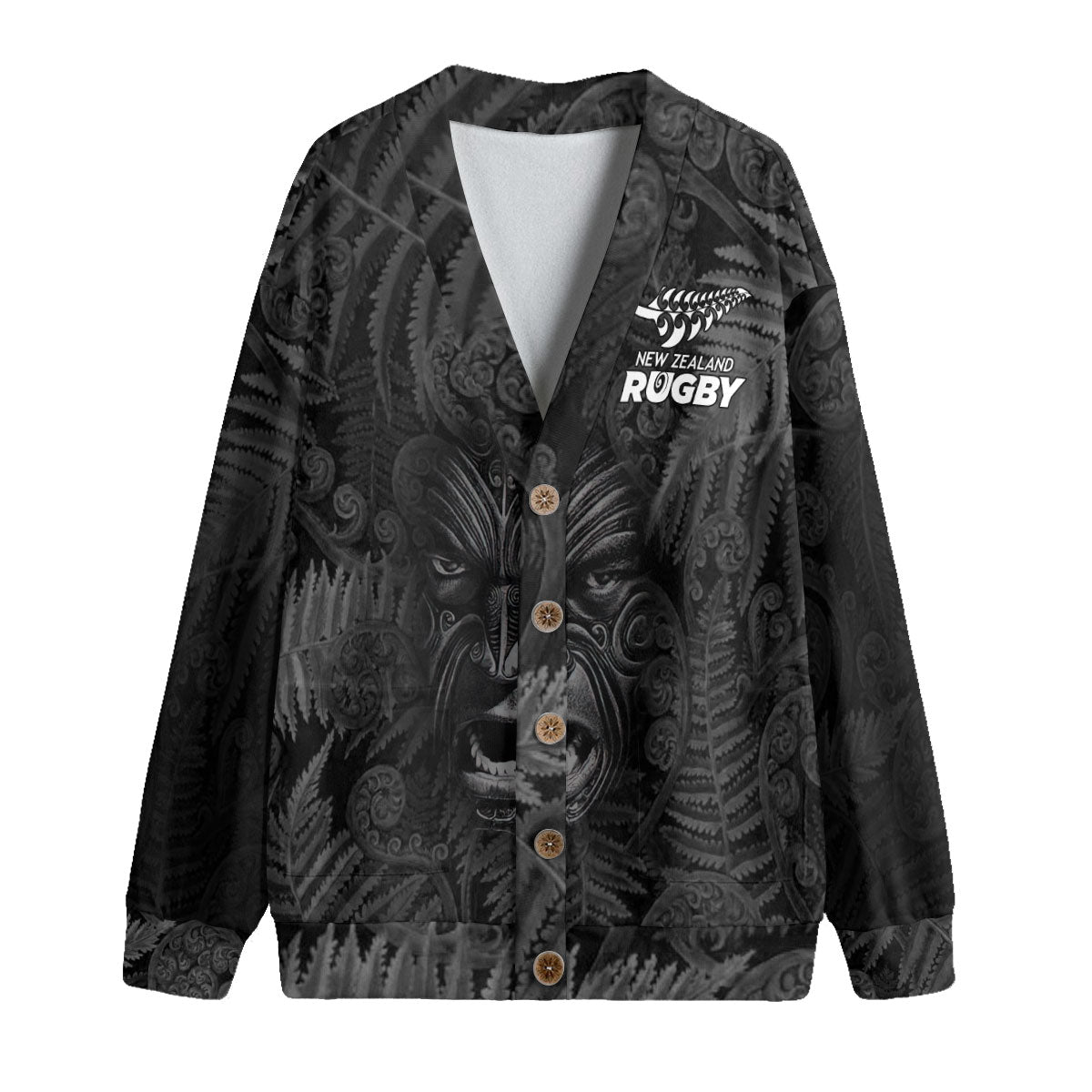 Custom New Zealand Rugby Knitted Fleece Cardigan Silver Fern & Maori Warrior Style