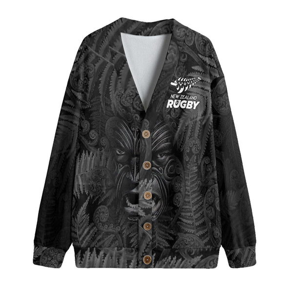 Custom New Zealand Rugby Knitted Fleece Cardigan Silver Fern & Maori Warrior Style