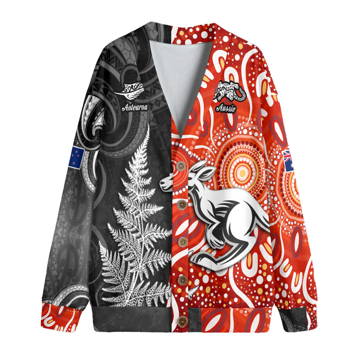 Custom New Zealand Rugby Knitted Fleece Cardigan Aotearoa Silver Fern & Aussie Kangaroo Maori & Aboriginal - LH1