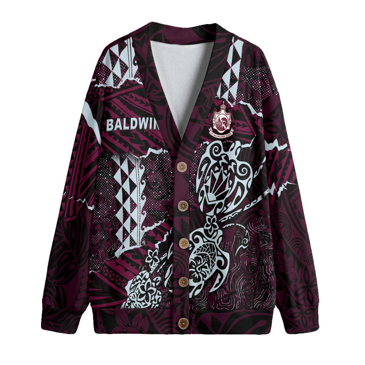 Hawaii Baldwin High School Custom Knitted Fleece Cardigan Polynesian Turtle Style