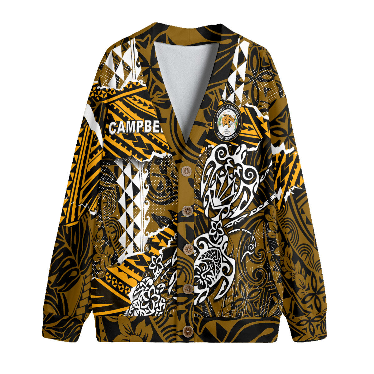 Hawaii James Campbell High School Custom Knitted Fleece Cardigan Polynesian Turtle Style