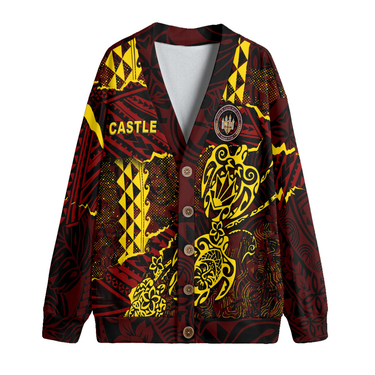 Hawaii Castle High School Custom Knitted Fleece Cardigan Polynesian Turtle Style