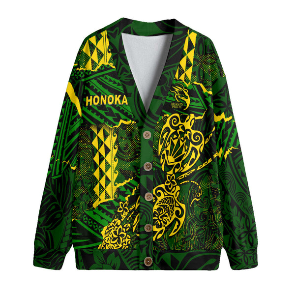 Hawaii Honoka High & Intermediate School Custom Knitted Fleece Cardigan Polynesian Turtle Style