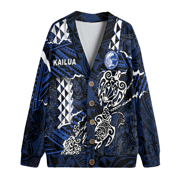 Hawaii Kailua High School Custom Knitted Fleece Cardigan Polynesian Turtle Style