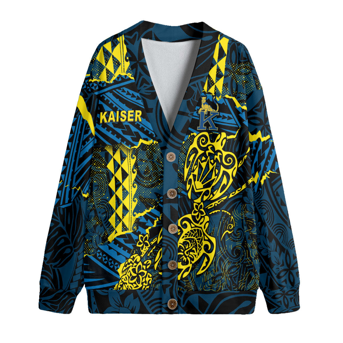 Hawaii Kaiser High School Custom Knitted Fleece Cardigan Polynesian Turtle Style