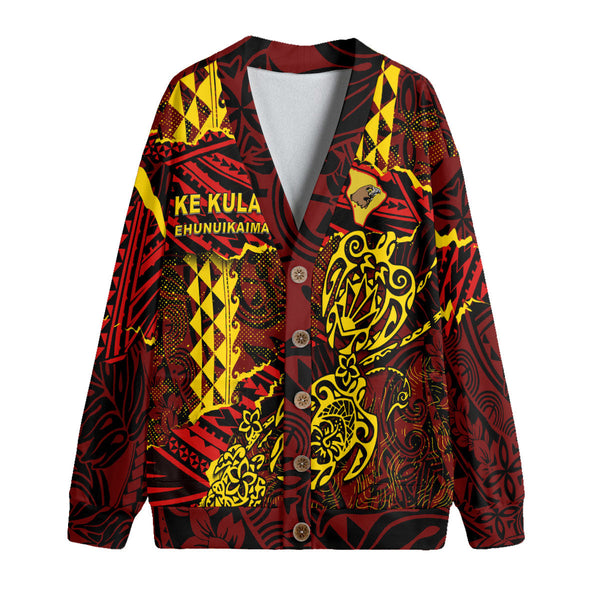 Hawaii Ke Kula O Ehunuikaimalino School Custom Knitted Fleece Cardigan Polynesian Turtle Style