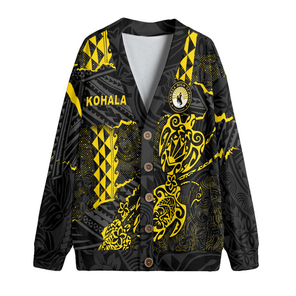 Hawaii Kohala High School Custom Knitted Fleece Cardigan Polynesian Turtle Style