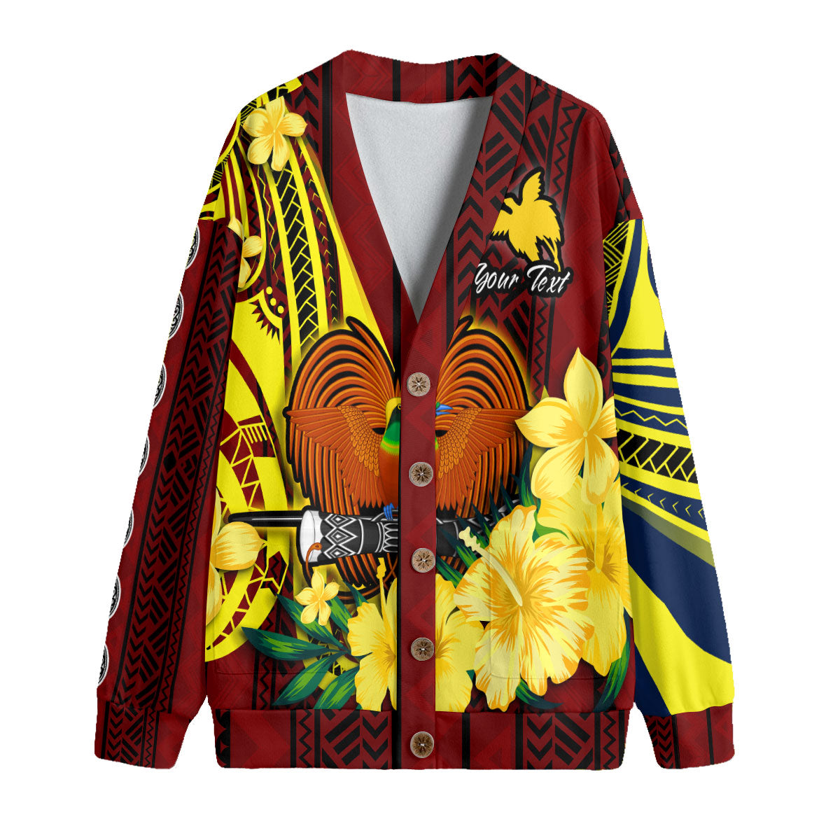 Custom Papua New Guinea Knitted Fleece Cardigan Polynesian PNG Bird Independence Day - LH1