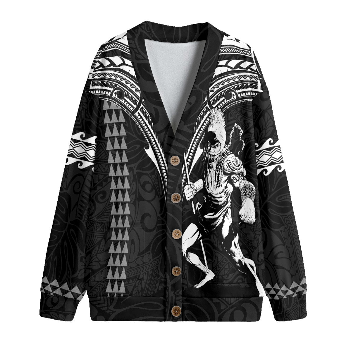 Custom Hawaii Ikaika Warrior Knitted Fleece Cardigan Polynesian Tattoo Style