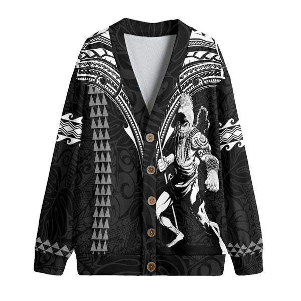 Custom Hawaii Ikaika Warrior Knitted Fleece Cardigan Polynesian Tattoo Style