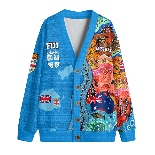 Custom Fiji Tapa & Australia Aboriginal Knitted Fleece Cardigan