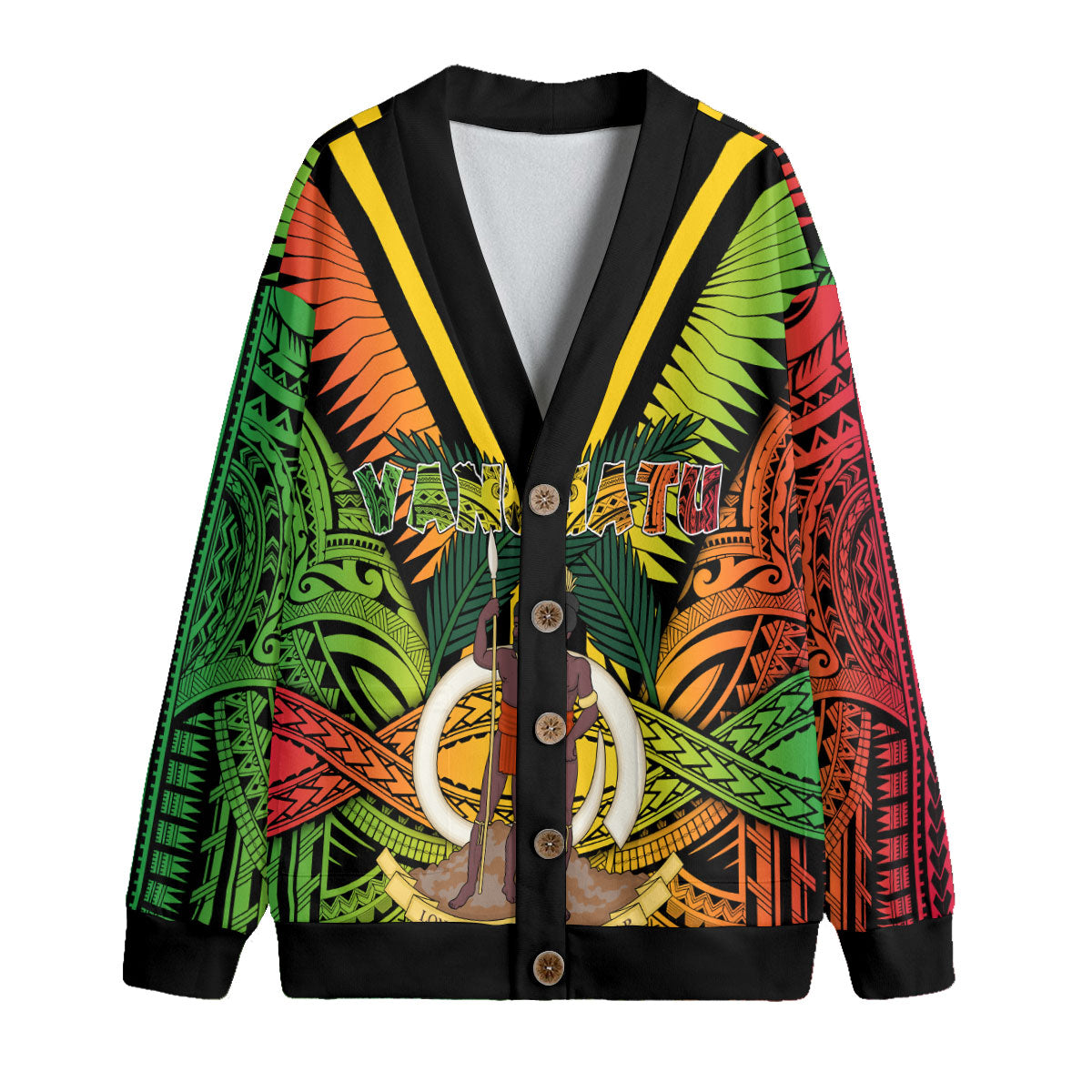 Vanuatu Knitted Fleece Cardigan Coat Of Arms Reggae Style