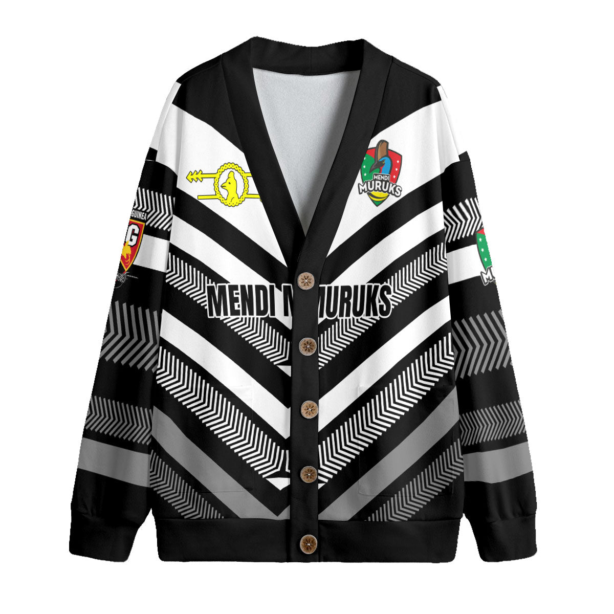 Custom Mendi Muruks Knitted Fleece Cardigan Papua New Guinea Rugby Black & White Style