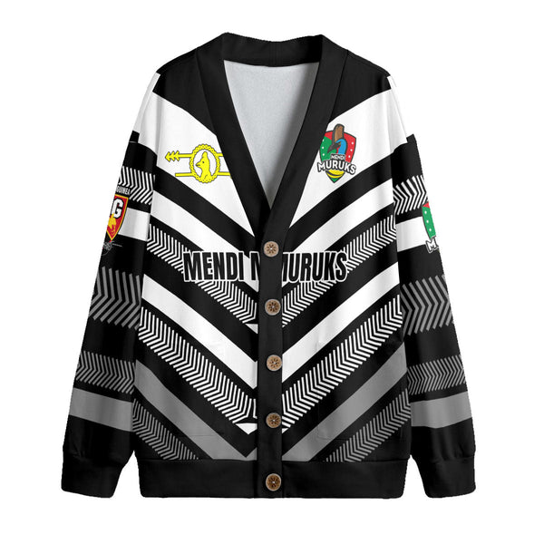 Custom Mendi Muruks Knitted Fleece Cardigan Papua New Guinea Rugby Black & White Style