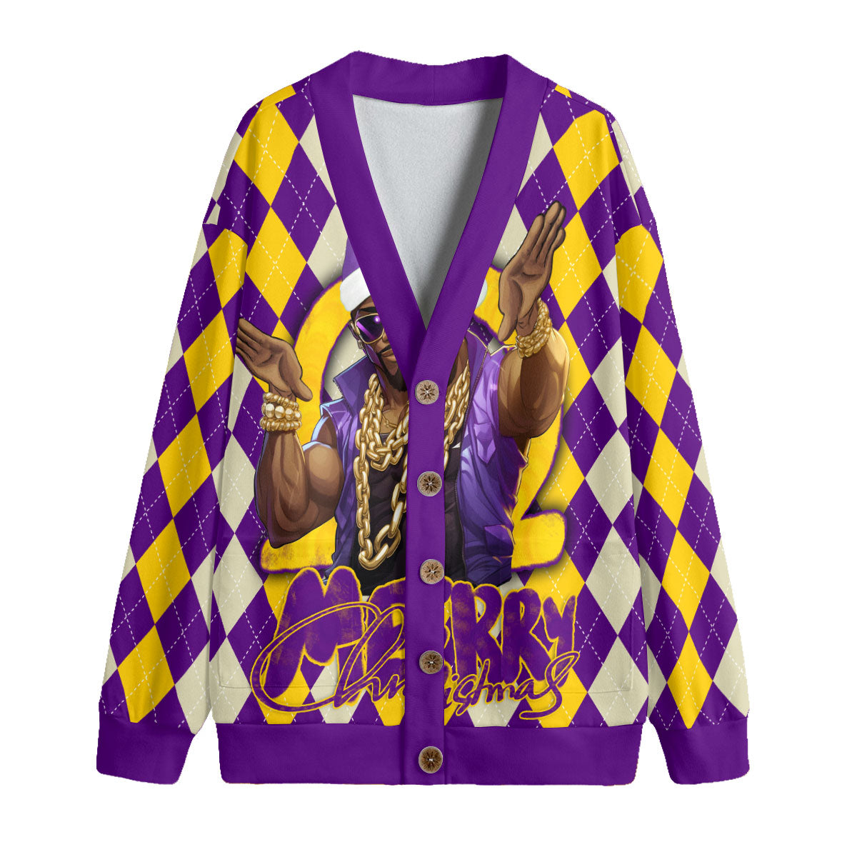 Fraternity Shirt - OPP Christmas Knitted Fleece Cardigan Bulldog Purple Gold Caro Pattern Style