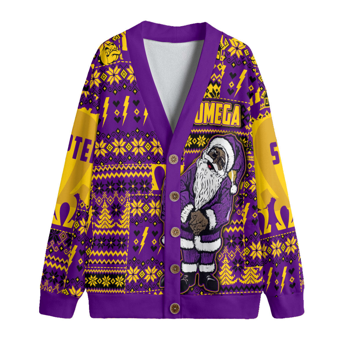 Fraternity Shirt - Personalized OPP Christmas Knitted Fleece Cardigan Bulldog & Santa Claus Omega Style