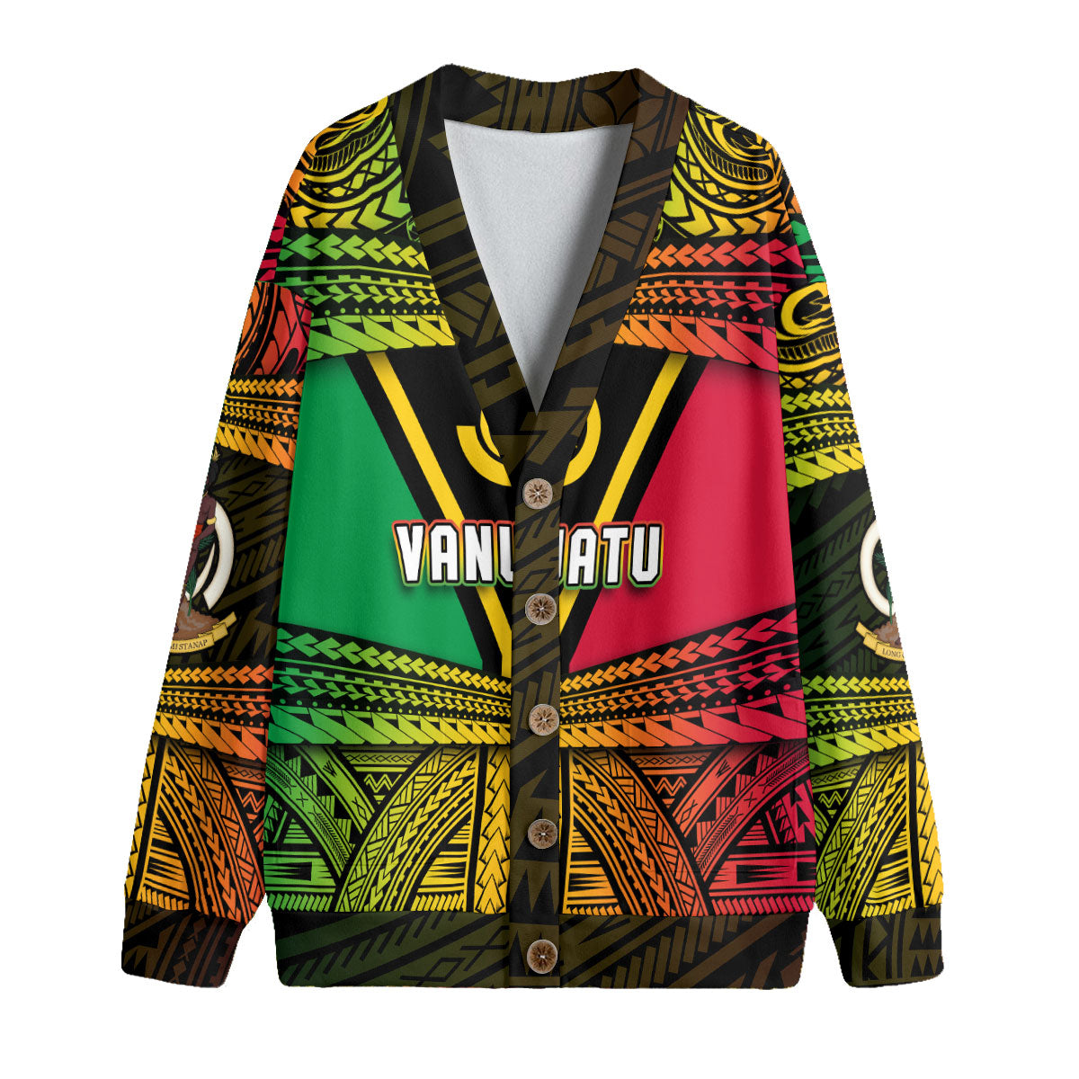 Custom Vanuatu Flag & Coat Of Arms Knitted Fleece Cardigan Reggae Style