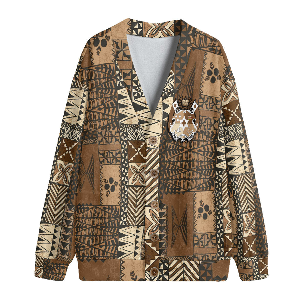 Custom Tonga Knitted Fleece Cardigan Ngatu Tapa Style