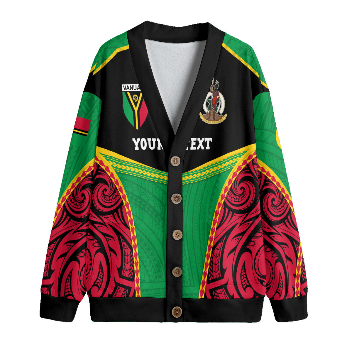 Custom Vanuatu Flag & Coat Of Arms Knitted Fleece Cardigan Black Style