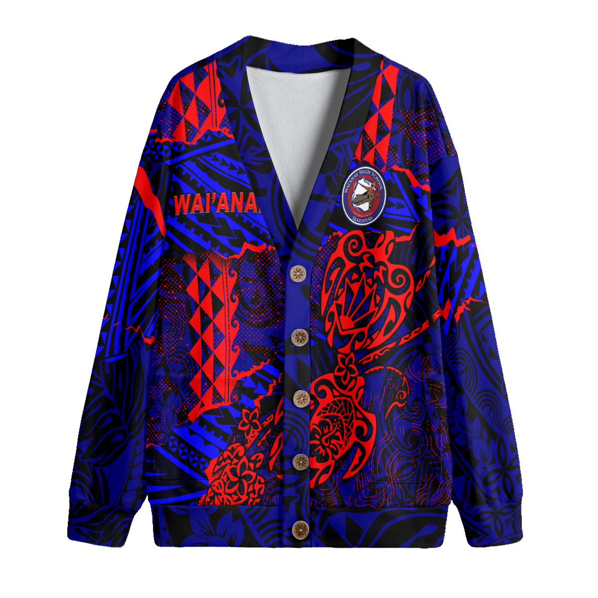 Hawaii Waianae High School Custom Knitted Fleece Cardigan Polynesian Turtle Style