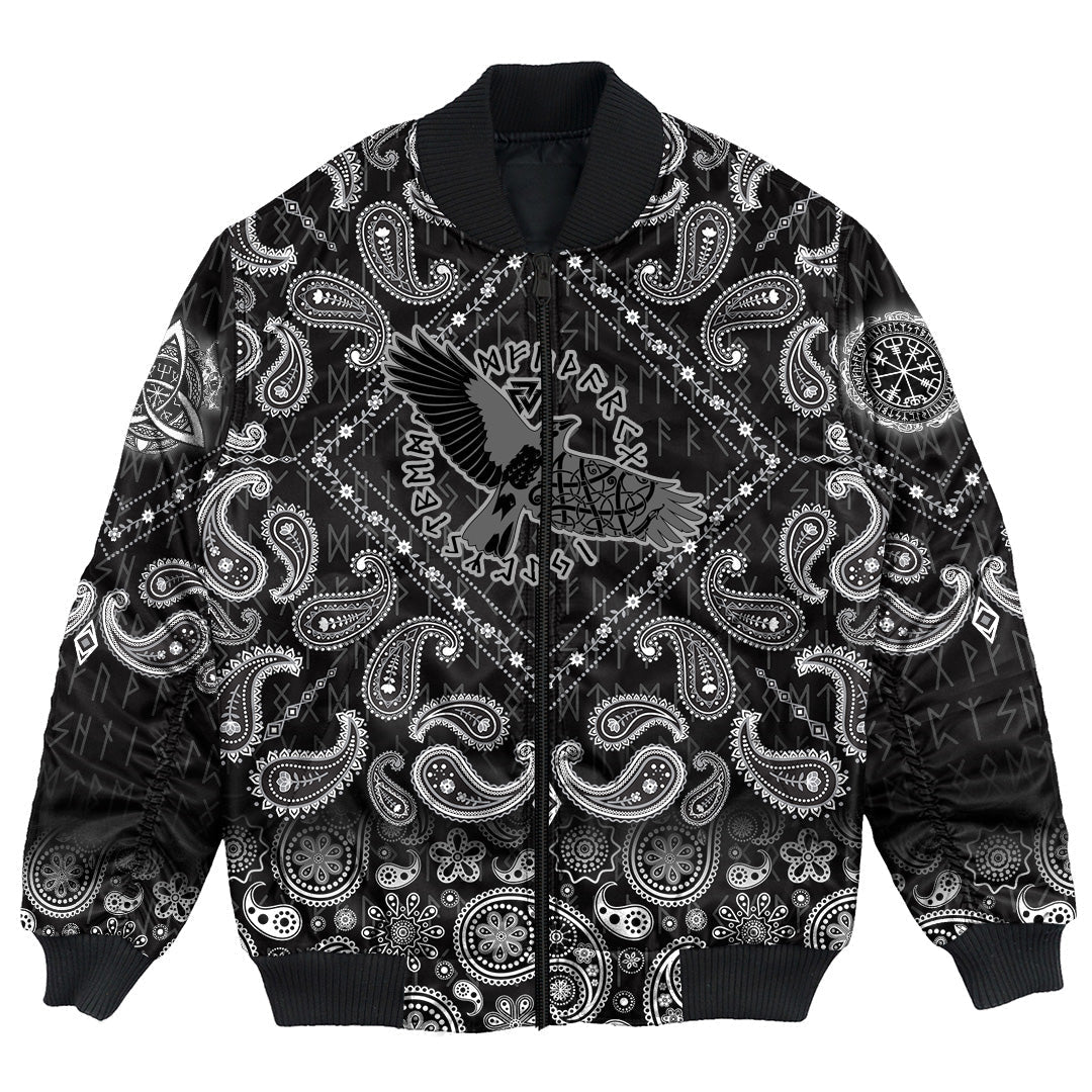 Viking Bomber Jacket Flying Black Raven In Circle Of Scandinavian Runic Symbols with Bandana Paisley Style