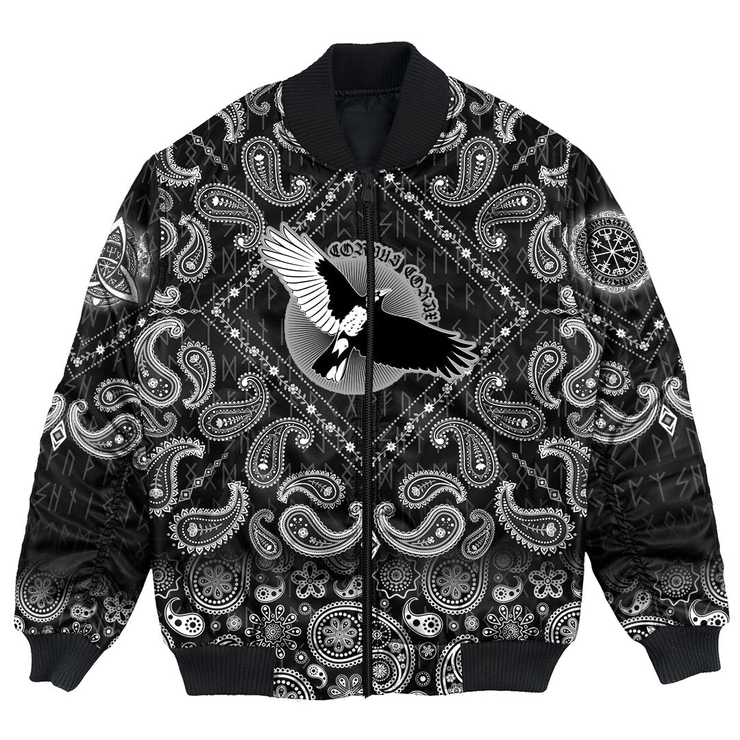 Viking Bomber Jacket Flying Mighty Black Raven with Bandana Paisley Style