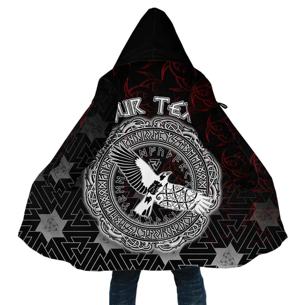 Custom Viking Hooded Coat Flying Black Raven In Circle Of Scandinavian Runic Symbols Special Style