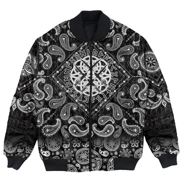 Viking Bomber Jacket Four Crossed The Sword In Circle Of Norse Runes with Bandana Paisley Style