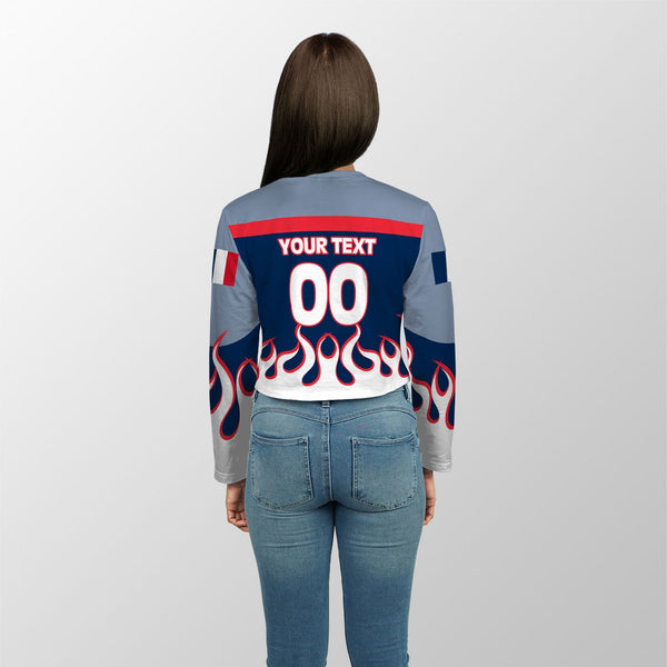 France Crop Top Long TShirt Flag & Coat Of Arms Fire Hockey Style