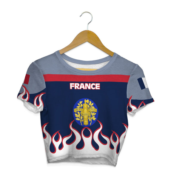 France Crop Top T Shirt Flag & Coat Of Arms Fire Hockey Style