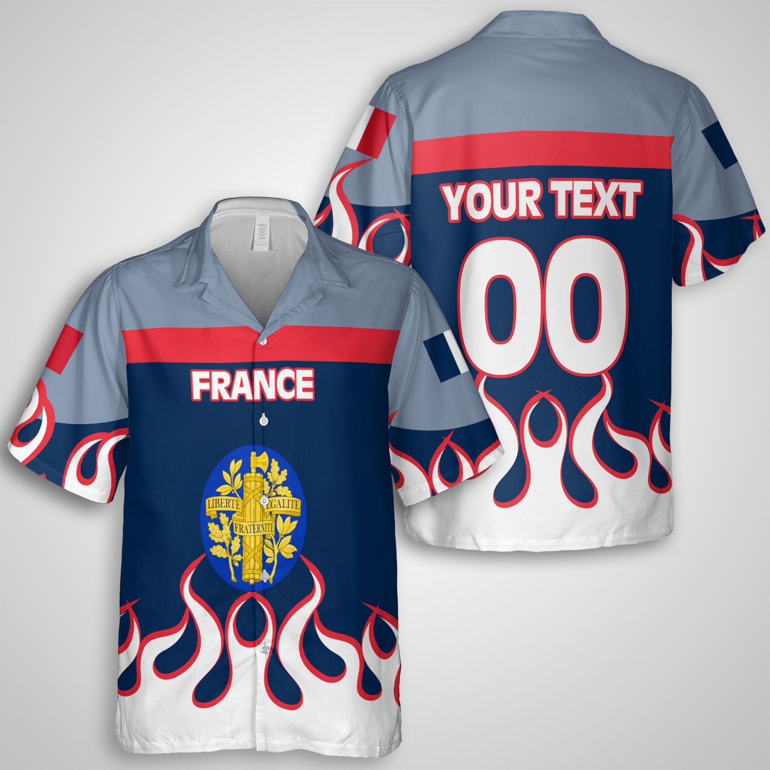 France Hawaiian Shirt Flag & Coat Of Arms Fire Hockey Style