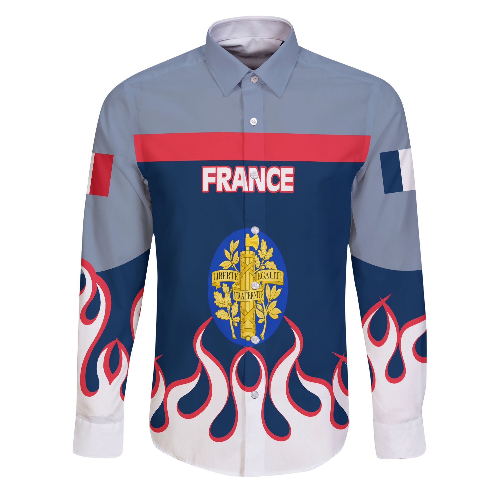 France Long Sleeve Button Shirt Flag & Coat Of Arms Fire Hockey Style