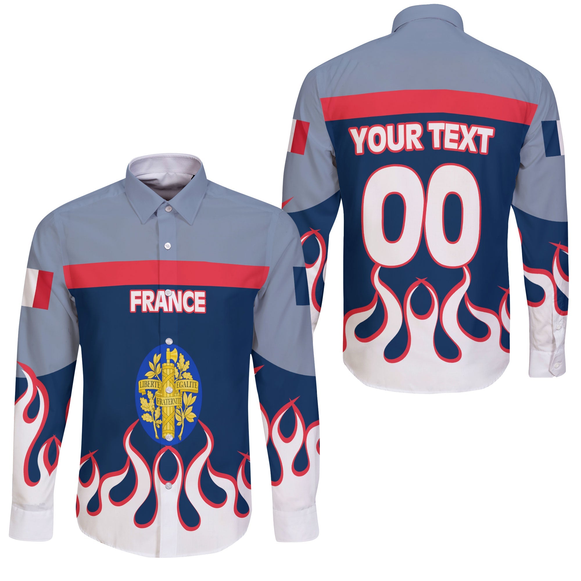 France Long Sleeve Button Shirt Flag & Coat Of Arms Fire Hockey Style