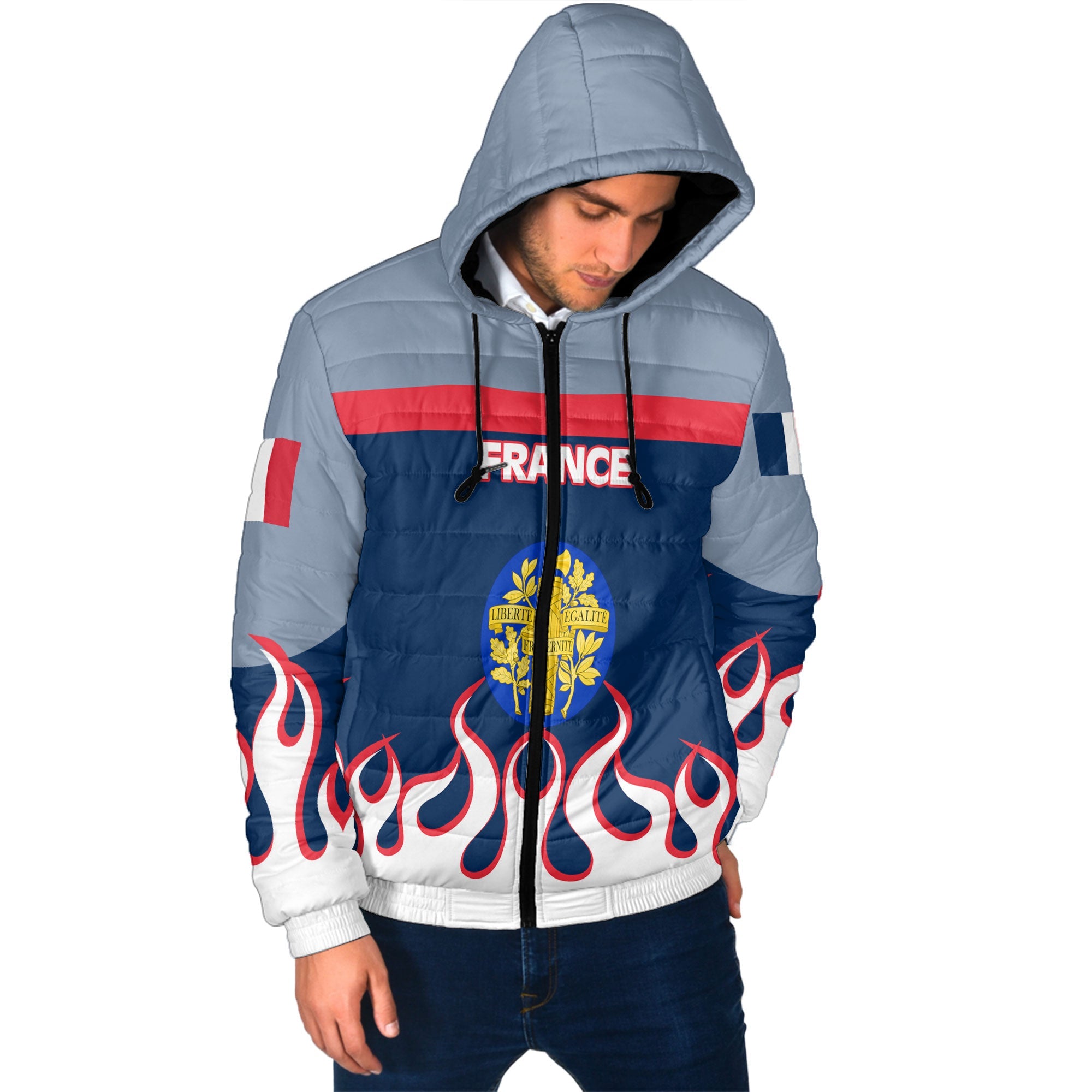 France Men Hooded Padded Jacket Flag & Coat Of Arms Fire Hockey Style