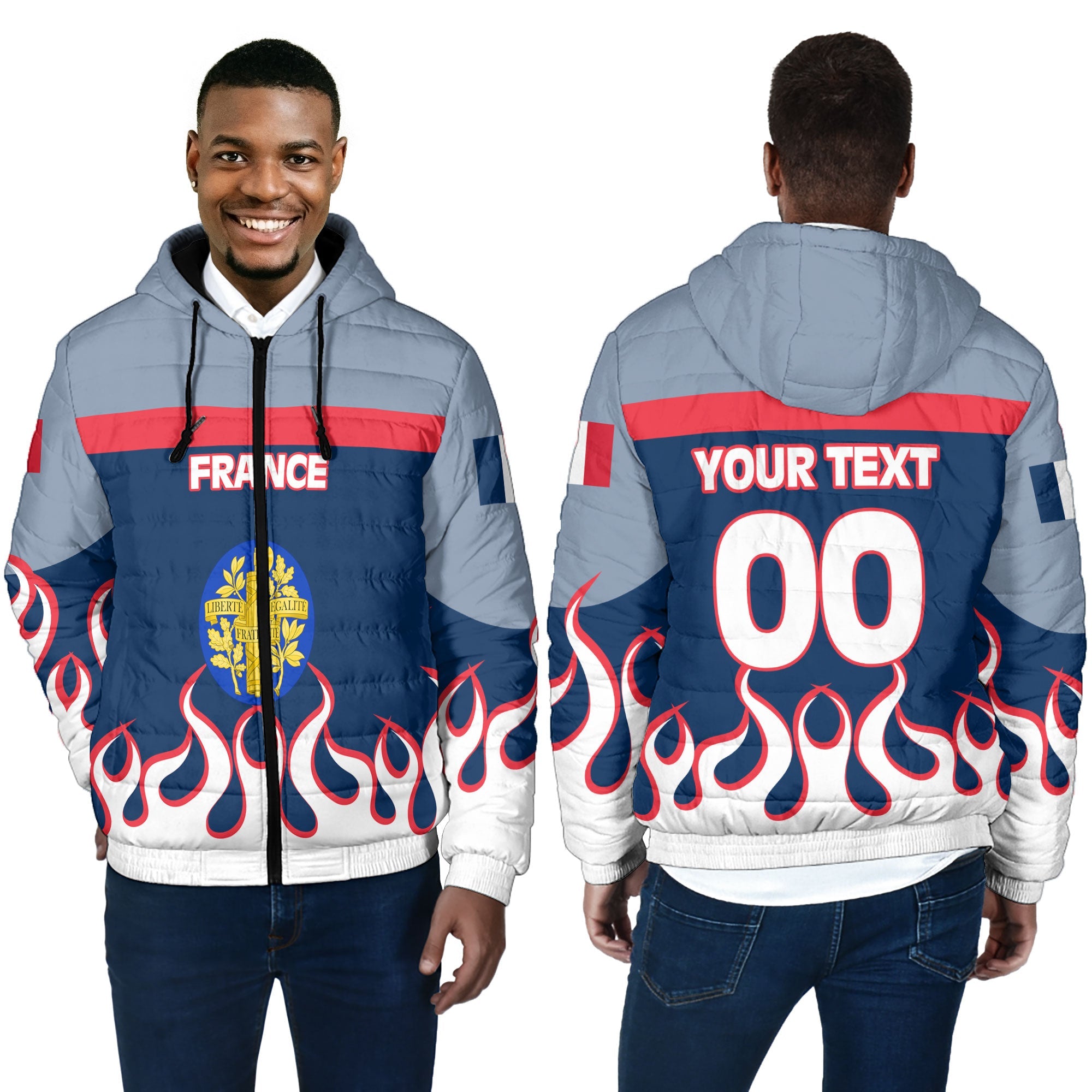 France Men Hooded Padded Jacket Flag & Coat Of Arms Fire Hockey Style