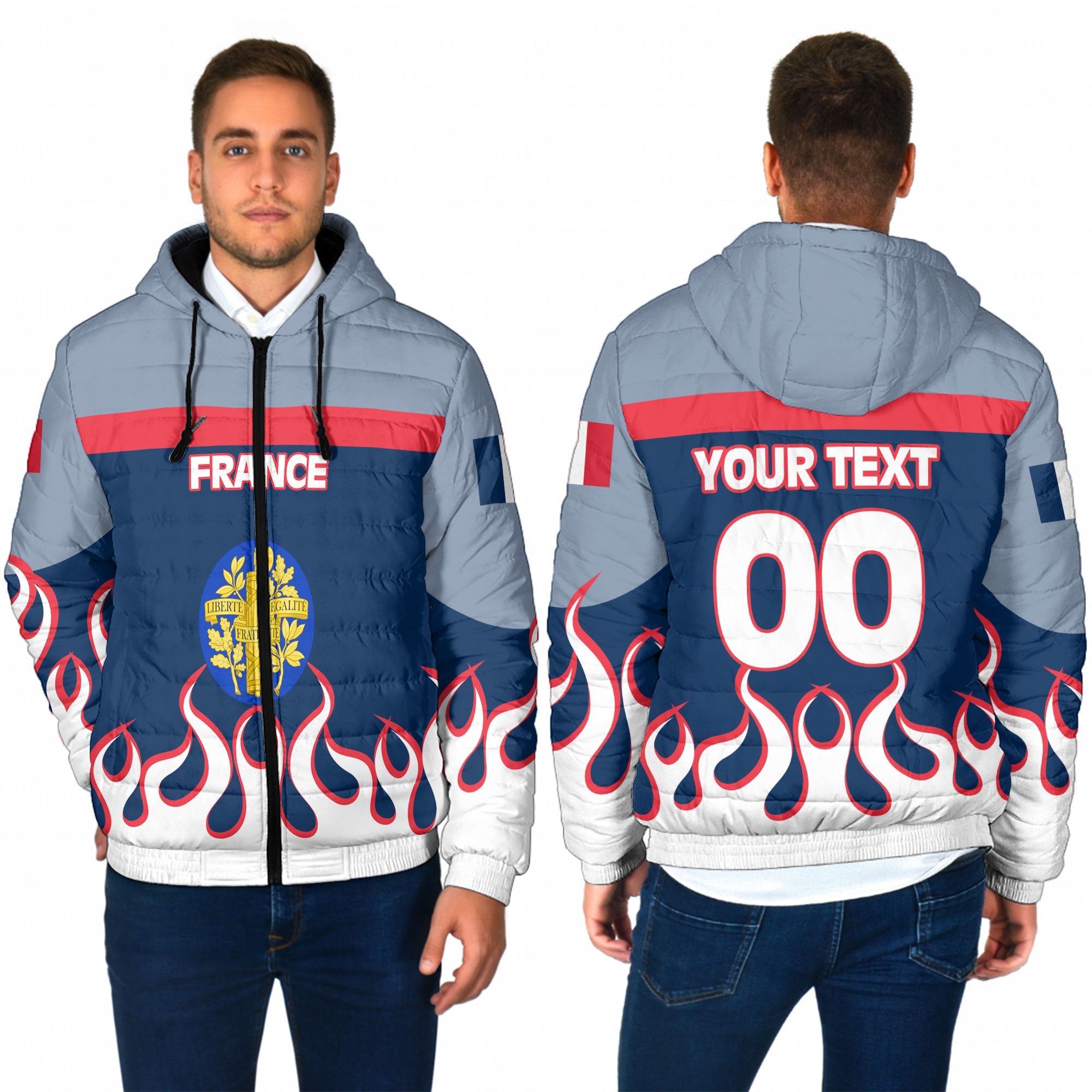 France Men Hooded Padded Jacket Flag & Coat Of Arms Fire Hockey Style