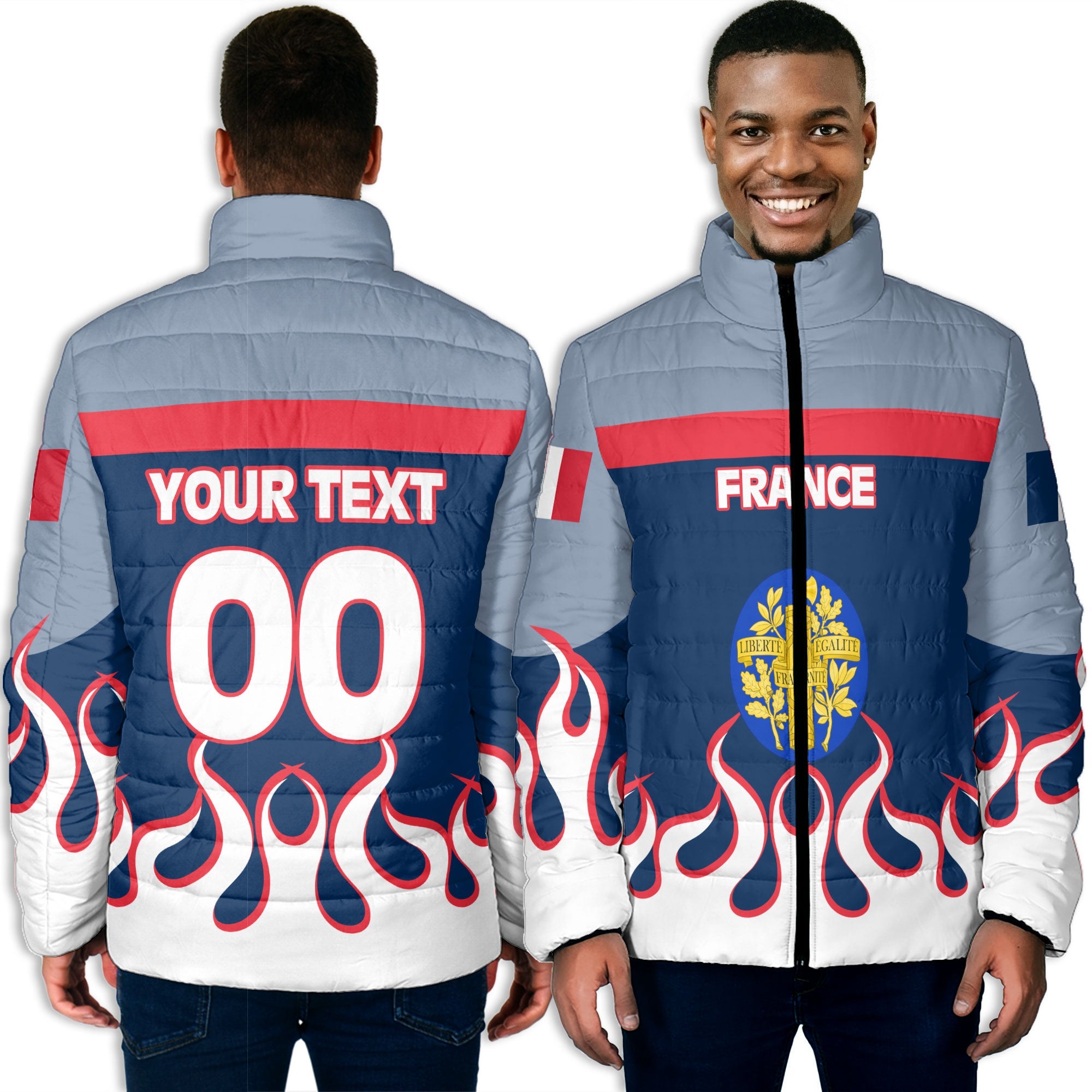 France Men Padded Jacket Flag & Coat Of Arms Fire Hockey Style