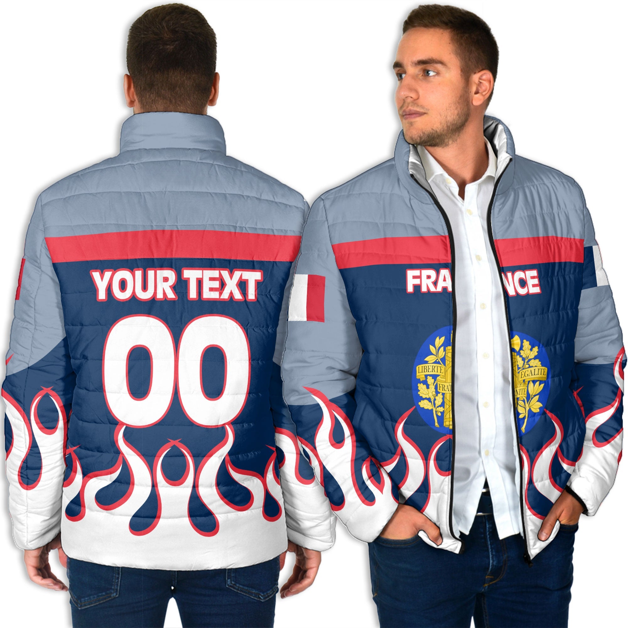 France Men Padded Jacket Flag & Coat Of Arms Fire Hockey Style