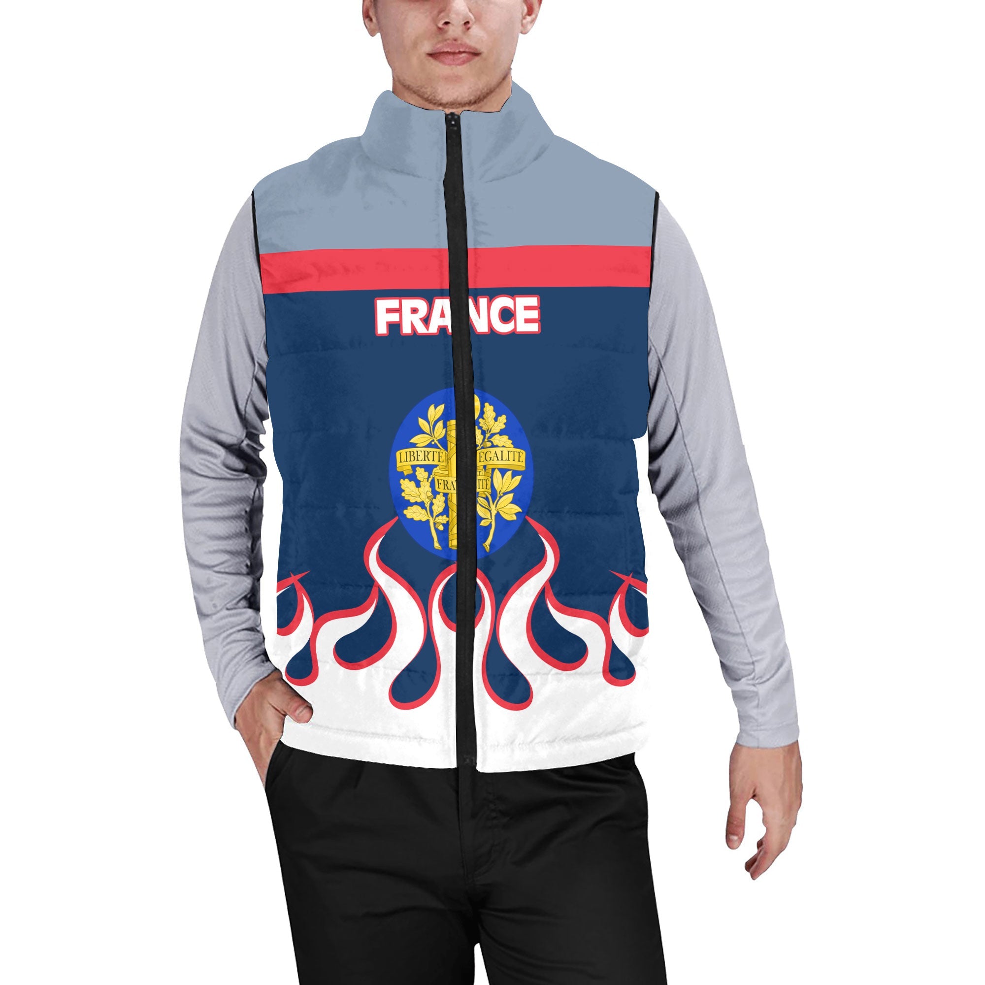 France Men Padded Jacket Vest Flag & Coat Of Arms Fire Hockey Style