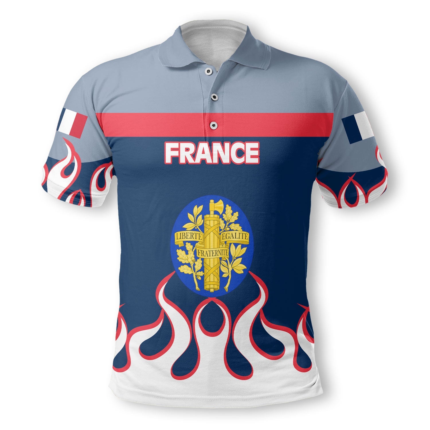 France Polo Shirt Flag & Coat Of Arms Fire Hockey Style