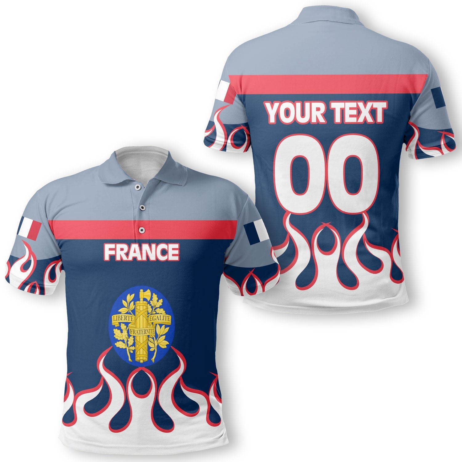 France Polo Shirt Flag & Coat Of Arms Fire Hockey Style