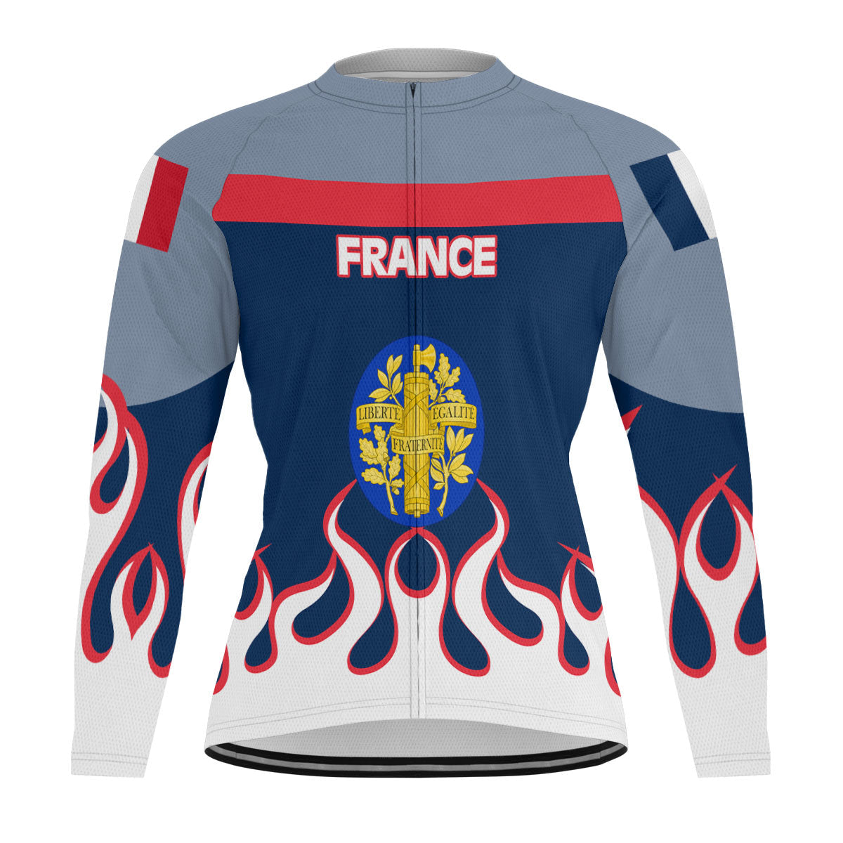 France Men's Cycling Jersey Long Sleeve Flag & Coat Of Arms Fire Hockey Style