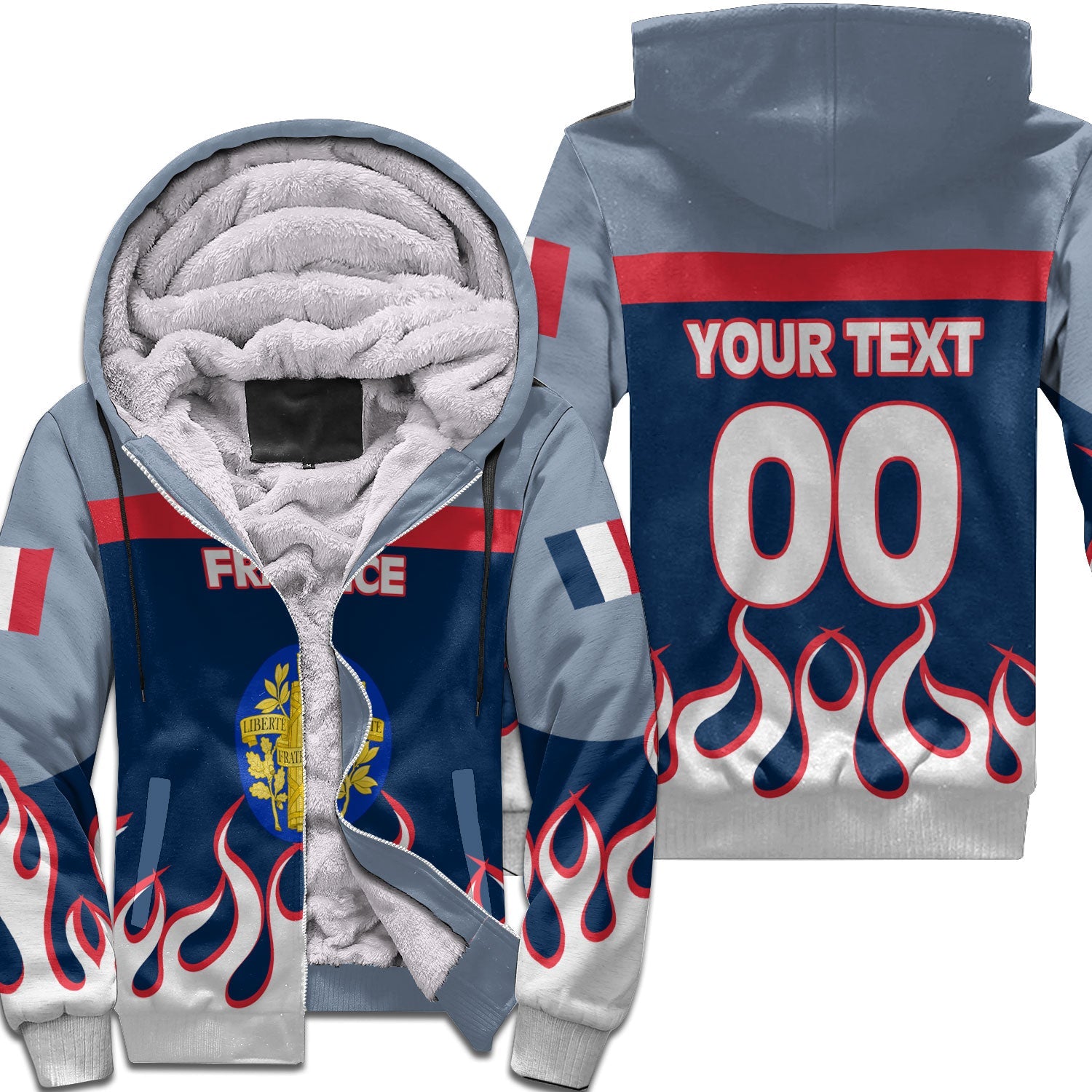 France Sherpa Hoodie Flag & Coat Of Arms Fire Hockey Style