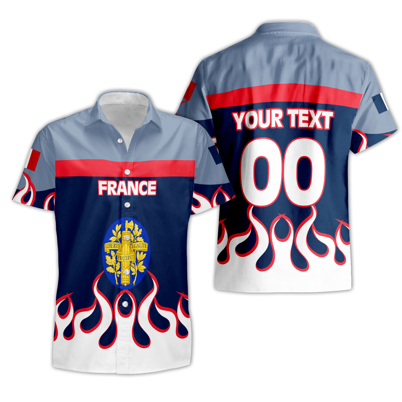 France Short Sleeve Shirt Flag & Coat Of Arms Fire Hockey Style