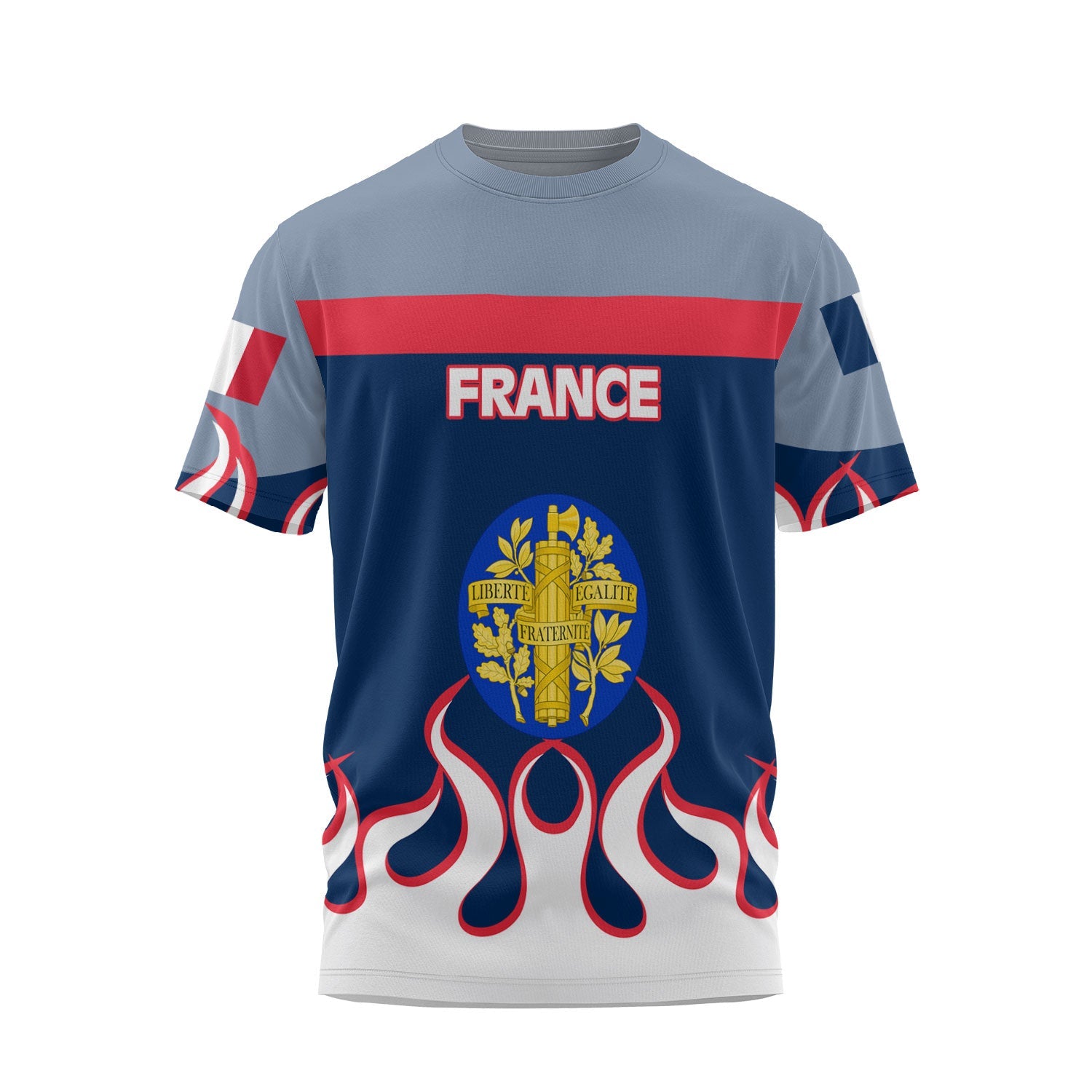 France T Shirt Flag & Coat Of Arms Fire Hockey Style