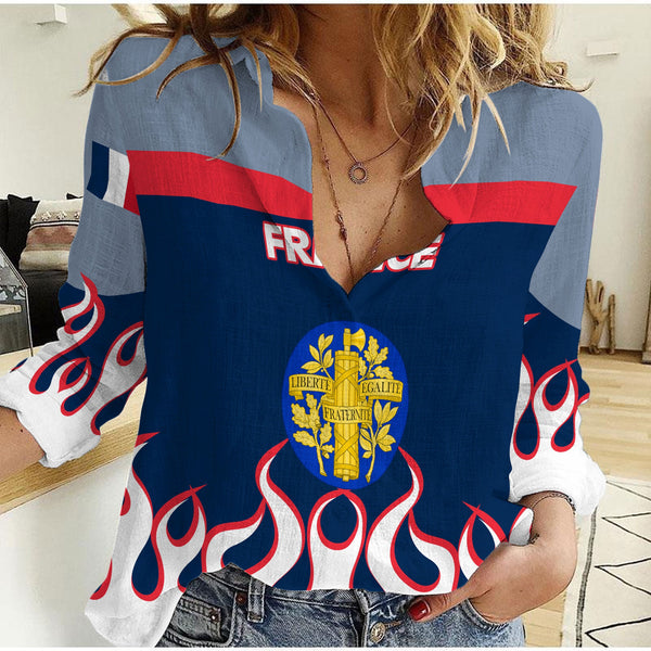 France Women Casual Shirt Flag & Coat Of Arms Fire Hockey Style