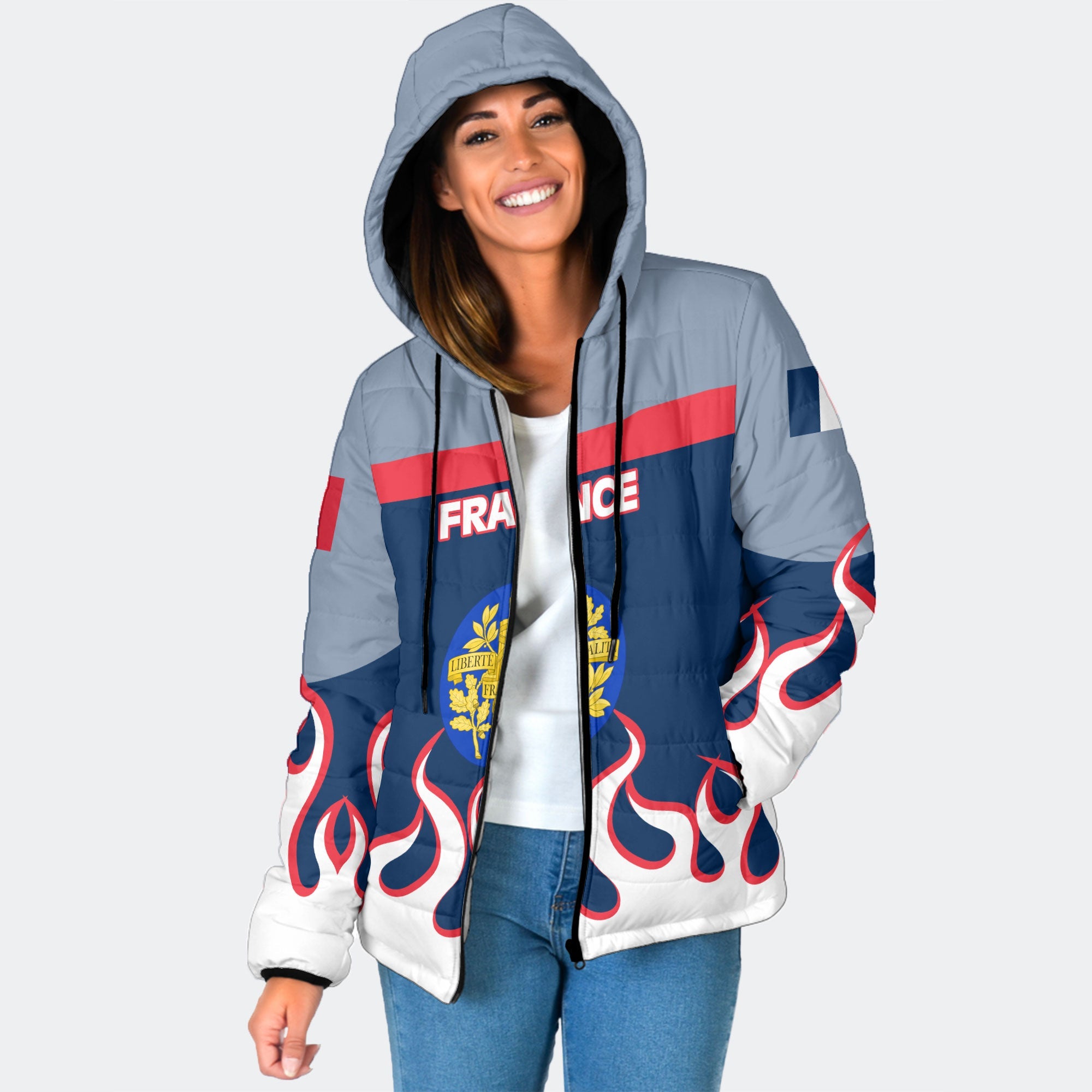 France Women Hooded Padded Jacket Flag & Coat Of Arms Fire Hockey Style