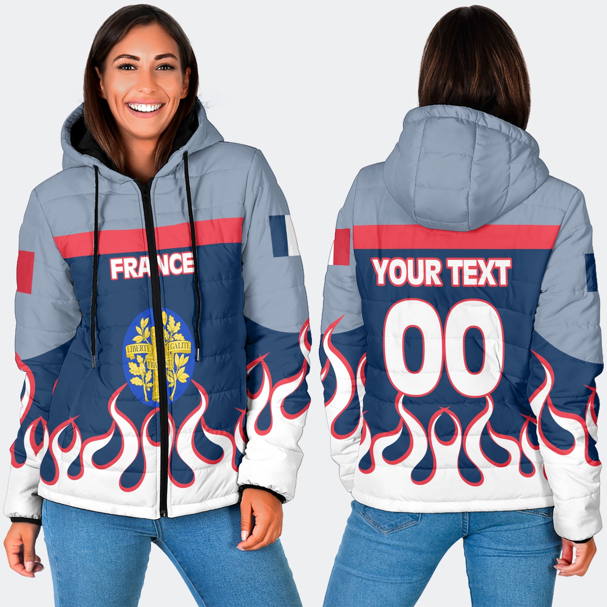 France Women Hooded Padded Jacket Flag & Coat Of Arms Fire Hockey Style