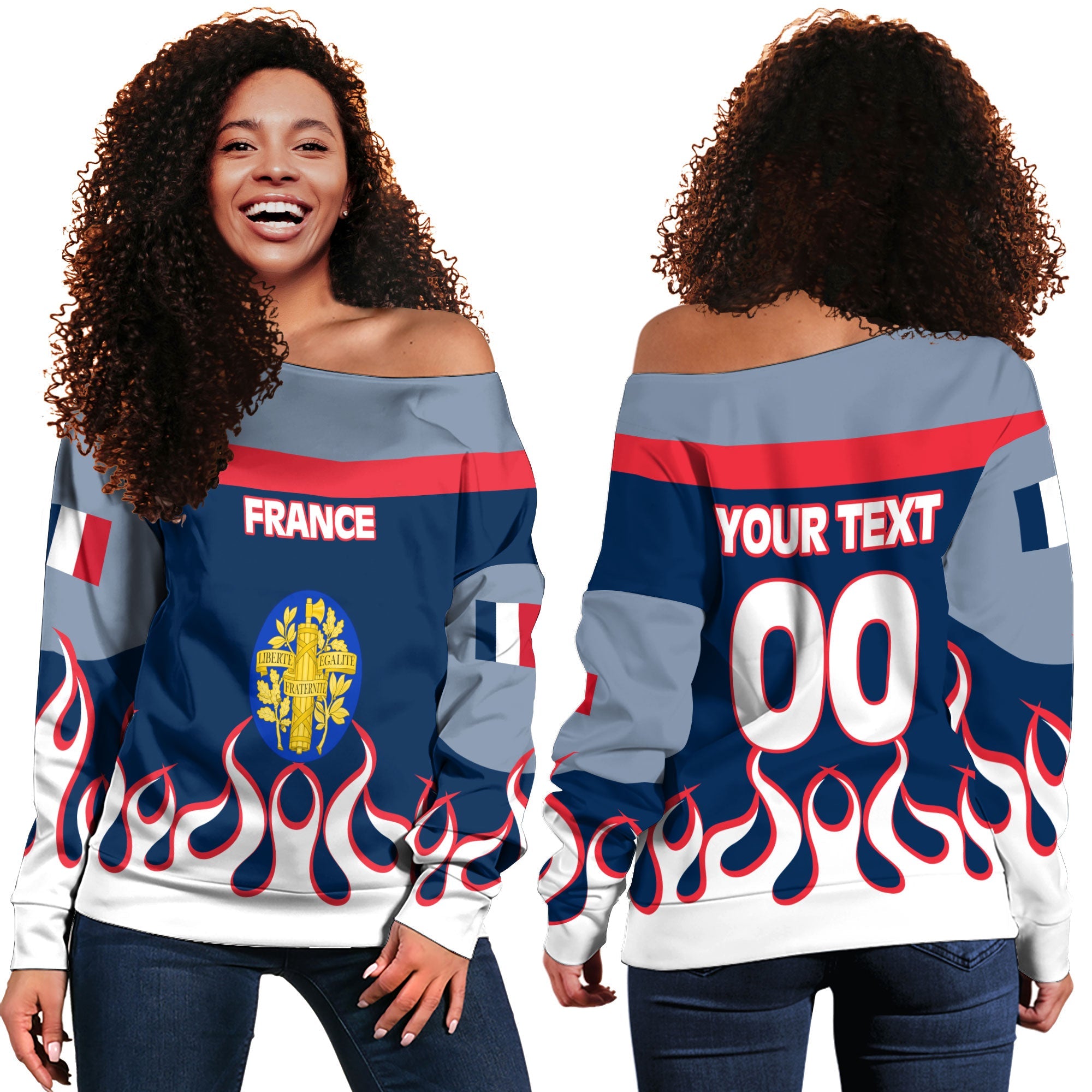 France Women Off Shoulder Sweatshirt Flag & Coat Of Arms Fire Hockey Style