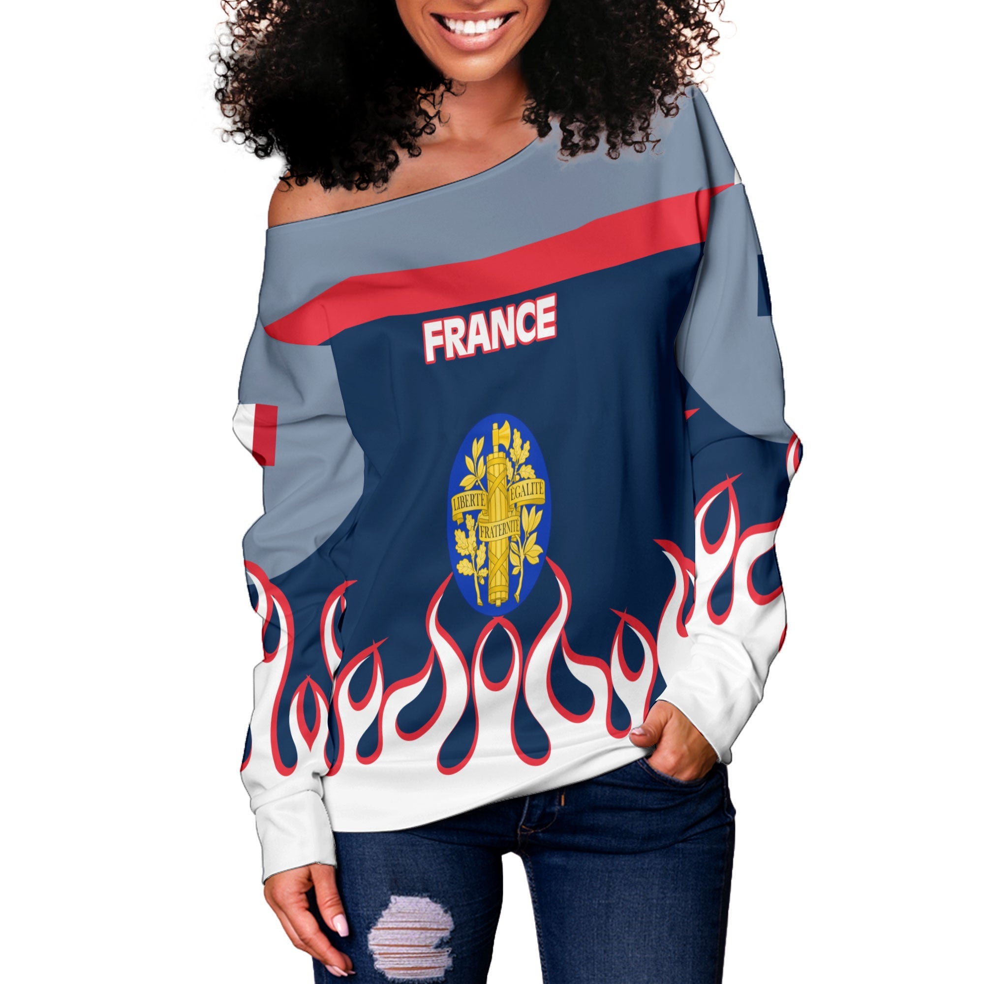 France Women Off Shoulder Sweatshirt Flag & Coat Of Arms Fire Hockey Style